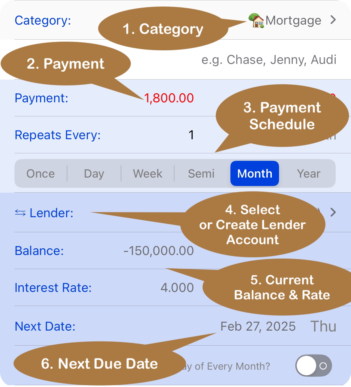 Loan or Mortgage Payment Setup screenshot