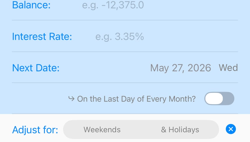 Foreseenly loan payment form showing balance, interest rate, next date, and weekend or holiday adjustment fields
