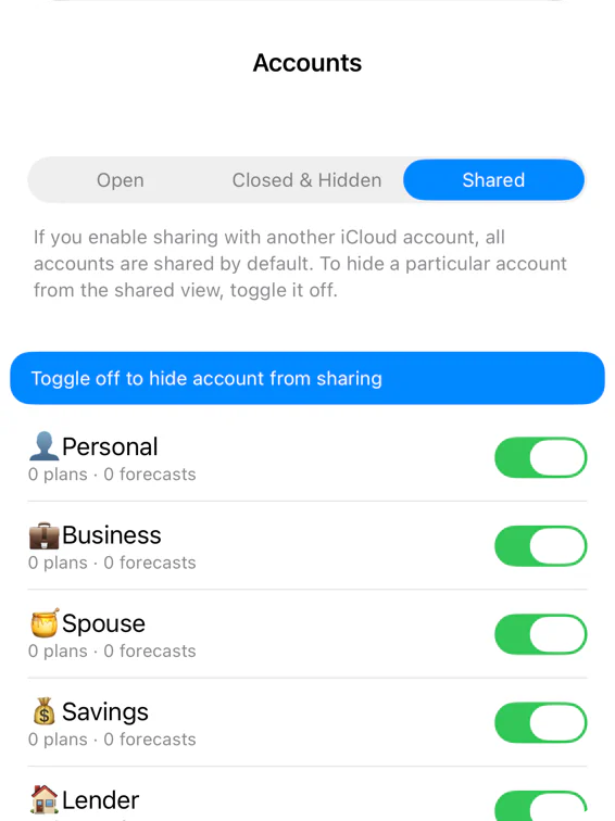 Shared Accounts screen with account visibility toggles
