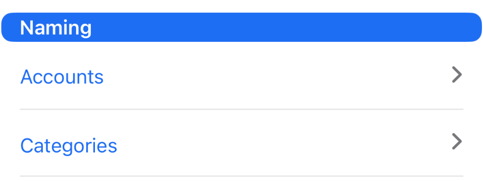 Naming section with Accounts and Categories options