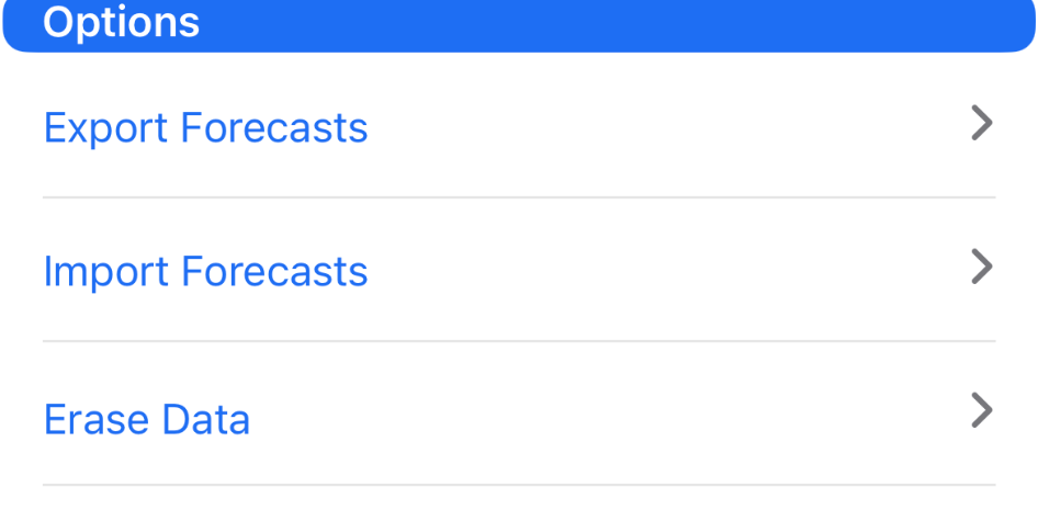 Options section with Export Forecasts, Import Forecasts, and Erase Data