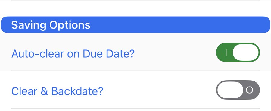 Foreseenly transaction form showing Saving Options with Auto-clear and Clear & Backdate switches