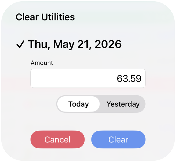 Foreseenly Clear confirmation sheet with Today and Yesterday options and an editable Amount field